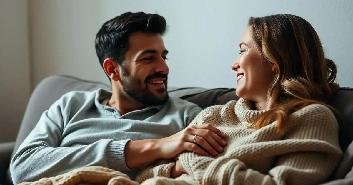 A man and a woman are sitting on a couch. The man is wearing a light gray sweater, and the woman is wearing a beige knitted sweater. They are holding hands, and the woman has a blanket over her lap. The background is a plain white wall. The scene appears to be cozy and intimate, suggesting a relaxed and comfortable atmosphere.