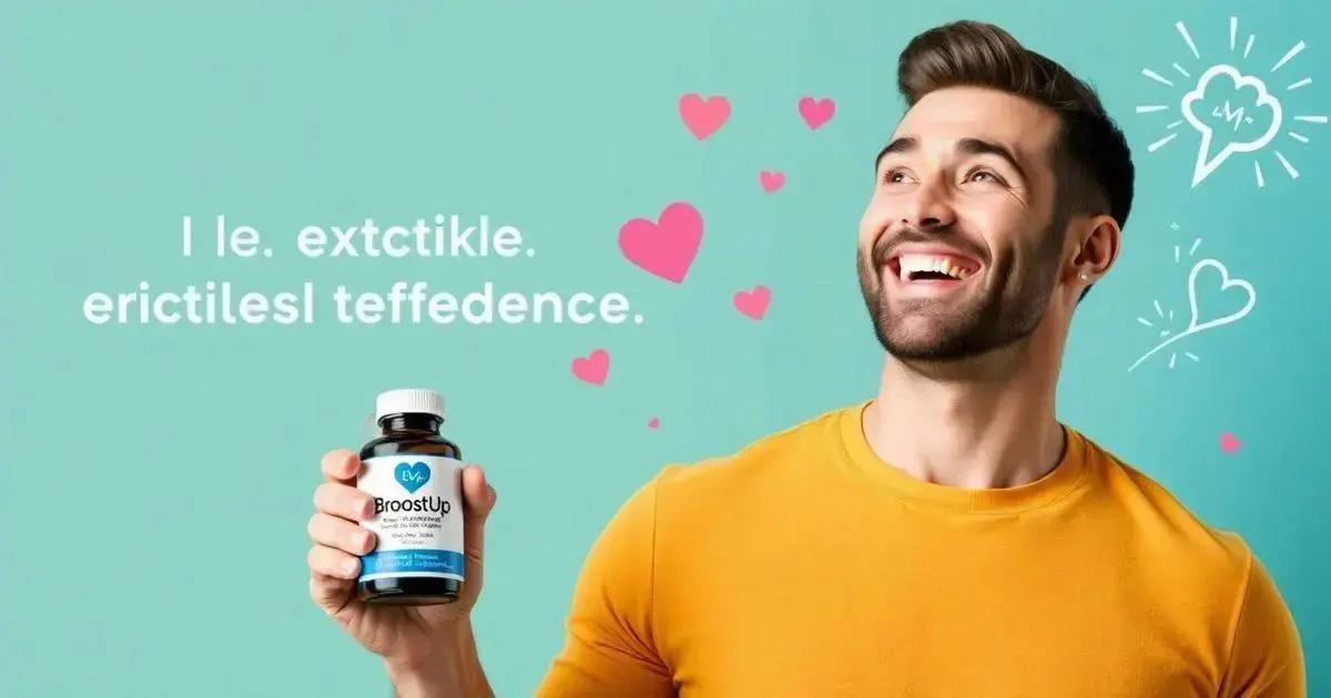 A person in a yellow shirt holds a bottle of 'BroostUp' by EVA against a teal background with pink and white heart illustrations. The text on the image reads: 'I le. extctikle. erictilesl teffedence.' The bottle label includes the product name 'BroostUp' and some additional text that is not fully legible. The image appears to be an advertisement for the product.