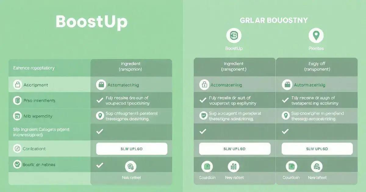 The image is a comparison chart titled 'BoostUp' with two sections. The left section is labeled 'Eatenec recopatory' and the right section is labeled 'GRLAR BOUOSTNY.' Each section contains a table with various rows and columns. The left section has six rows with icons and text, while the right section has three columns labeled 'BoostUp,' 'Ingredient (ransporion),' and 'Eggly off (ransporion).' Each column contains icons, checkmarks, and text. The text in the image appears to be intentionally scrambled or nonsensical, making it difficult to understand the exact content. The chart seems to compare different features or ingredients, but the exact details are unclear due to the scrambled text. The background is light green, and the overall design is clean and minimalistic.