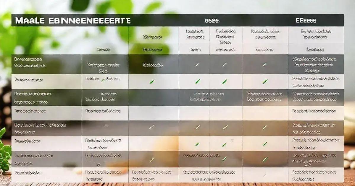 Comparison table with three main columns and multiple rows listing various features or attributes. The table headings and text are in a distorted font, making them difficult to read. Checkmarks indicate the presence of features across the columns. The background includes a blurred view of green plants, suggesting a natural or organic theme.