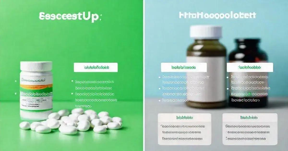 A comparison image featuring two sections with distinct product presentations. The left section has a green background with a white pill bottle labeled 'EssceestUp,' surrounded by white pills, and a list of attributes written in stylized text. The right section has a blue background displaying two bottles—one dark and one amber—accompanied by stylized text detailing product features. The image highlights the contrasting designs and details for different supplement products, suggesting differentiation in branding or formulation.