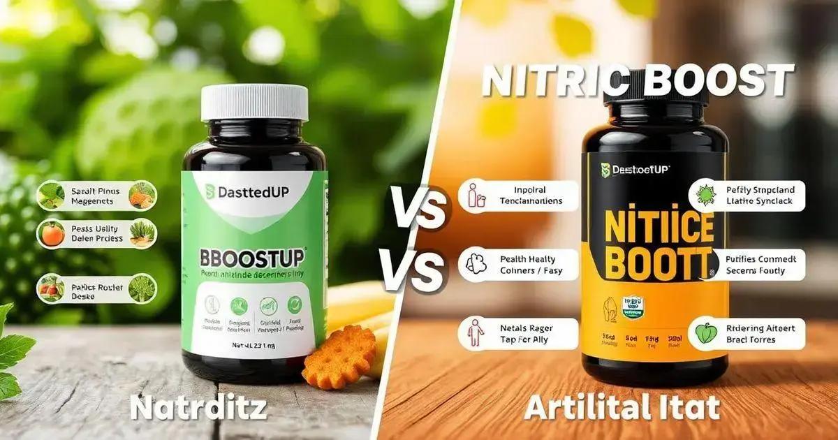 Alt text: The image is a comparison between two supplement products from the brand 'DastedUP.' On the left side, there is a green-labeled bottle named 'BBOOSTUP' with the text 'Promt antinide decemres (try)' and 'Net Wt. 2.9 fl oz.' The ingredients listed are 'Saaalt Pinus Mageents,' 'Peass Utility Deien Prcies,' and 'Pahlic Rozlet Deske.' The bottle is placed on a wooden surface with a green leafy background. On the right side, there is an orange-labeled bottle named 'NITRIC BOOST' with the text 'Net Wt. 2.9 fl oz.' The benefits listed are 'Inporal Tenciananients,' 'Peath Healty Coiners / Fasy,' 'Metals Rager Tap For Ally,' 'Pefily Stinpcland Liatfre Synclack,' 'Putifies Conmed Seecm: Foutly,' and 'Ridering Aitoert Bracl Torres.' The bottle is placed on a wooden surface with a blurred background. The image is divided diagonally with the text 'VS' in the center, comparing the two products. The bottom of the image has the text 'Natrditz' on the left and 'Artilital Itat' on the right.