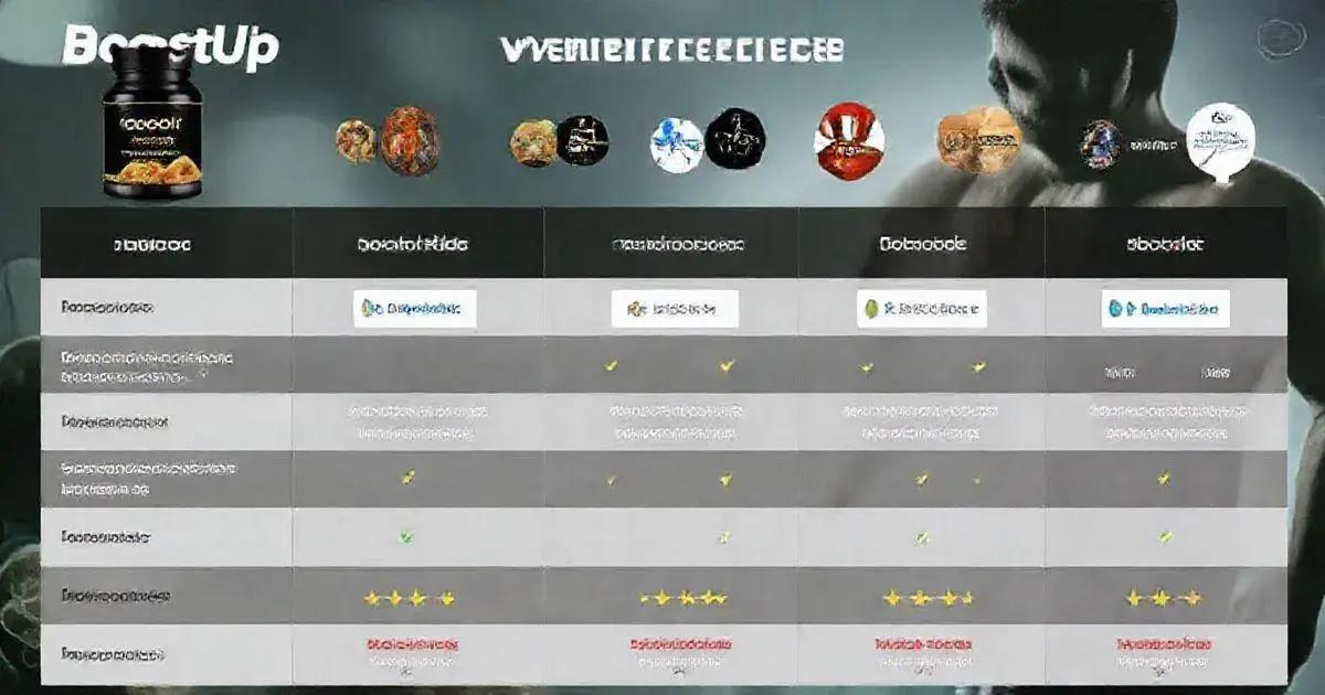A comparison chart titled 'BoostUp' displays various supplements. The chart compares five different products, each represented by an image and a column with various attributes. The attributes include effectiveness, ingredients, user ratings, price, and overall rating. Icons and text indicate the performance of each product in different categories. The background features a muscular figure, emphasizing the fitness theme of the supplements.