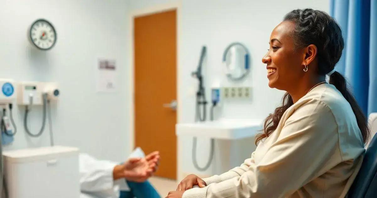 A medical examination room with a patient sitting on a chair. The patient is wearing a light-colored top and has long, dark hair tied back. In the background, there is a wall-mounted clock, a door, and various medical equipment including a stethoscope, an otoscope, and a blood pressure monitor. There is also a sink and a countertop with additional medical supplies. The room has a clean and organized appearance, typical of a healthcare setting. The patient appears to be in conversation with a healthcare professional, whose hand is visible in the lower left corner of the image.