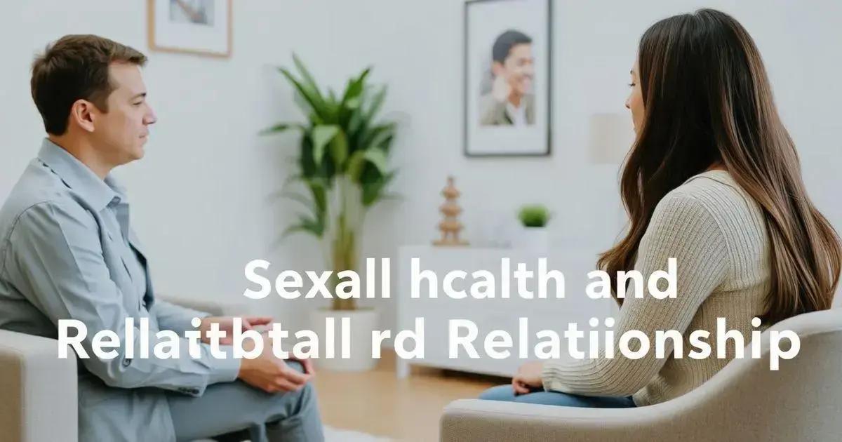 Two people are sitting across from each other in what appears to be a professional setting, possibly a therapy or counseling session. The background includes a plant, a framed picture on the wall, and a small table with decorative items. The text on the image reads: 'Sexual health and Relationship.'