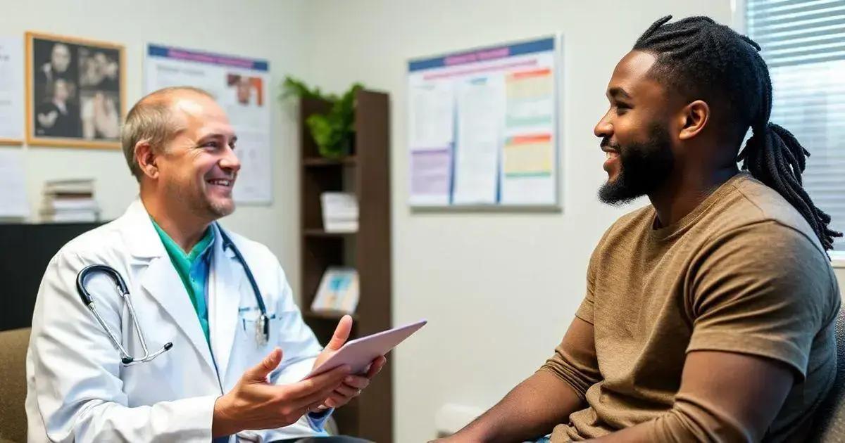 A doctor in a white coat with a stethoscope around the neck holds a tablet and talks to a patient in a brown shirt. They are in a medical consultation room with medical posters and charts on the walls, a bookshelf with books and a plant, and a window with blinds partially open.