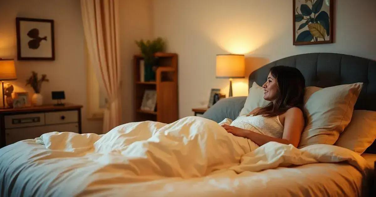 A cozy bedroom with a person lying in bed under a white comforter. The bed has a grey upholstered headboard and multiple pillows. To the left, there is a nightstand with a lamp, a small plant, and decorative items. Behind the nightstand is a window with light-colored curtains. A bookshelf with books and decorative items is next to the nightstand. Two framed pictures are on the wall above the nightstand. The room is warmly lit by the lamps, creating an inviting atmosphere.