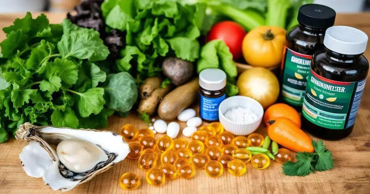 Image showing a collection of healthy foods and supplements. On a wooden surface, there are fresh green leafy vegetables, such as lettuce and kale, along with tomatoes, potatoes, carrots, and celery. An open oyster shell with a pearl is visible on the left. There are also bottles of dietary supplements, small containers of tablets and powders, and golden gel capsules scattered on the surface. The scene emphasizes nutrition, natural foods, and health-related products.