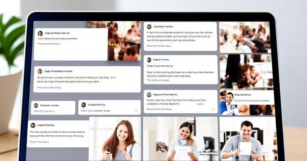 Laptop screen displaying a grid of customer reviews and feedback, with some reviews accompanied by images of people. The reviews cover various aspects of products or services, highlighting both positive experiences and constructive criticism. The background of the image includes a blurred indoor setting with people, suggesting a busy environment.