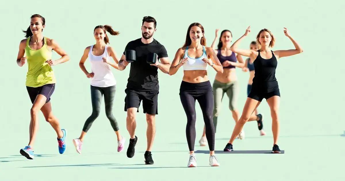 A group of people engaging in outdoor fitness activities on a light green background. The group includes four women and one man in the foreground, all dressed in athletic wear. The man, wearing a black shirt and shorts, is holding dumbbells while jogging. Two women on either side of him are running; the woman on the left wears a yellow tank top and black shorts, and the woman on the right wears a white sports bra and black leggings. In the background, there are three more women performing aerobic movements, wearing a mix of sports tops and leggings. The scene is bright, with a focus on active, healthy lifestyles. 