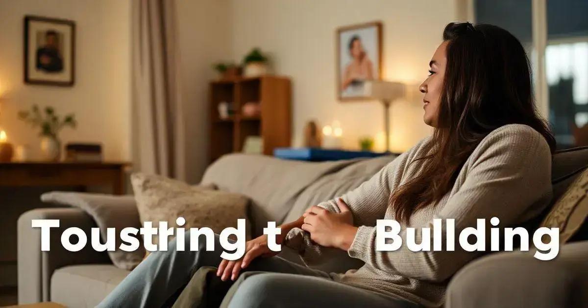 A cozy living room scene featuring a woman sitting comfortably on a sofa, surrounded by a warm and inviting ambiance. The setting includes soft lighting, framed photos on the wall, and neatly arranged shelves in the background, creating a sense of relaxation and tranquility. The text overlay, though partially obscured, suggests themes of trust and connection, potentially alluding to personal growth or relationship-building in a comforting environment. 