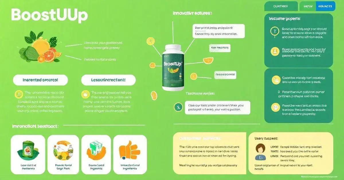 Infographic titled 'BoostUUp' with a green background, showcasing a supplement product. At the top left, an image of fruits and vegetables, including orange slices, lemon, and leafy greens, is paired with text describing ingredients under 'Ingreented perces!' Below, the text mentions their unprocessed nature and health benefits. Next to it, under 'Lessaincrement!' is text emphasizing the use of minimal additives. In the center, a bottle labeled 'BoostUUp' is highlighted, surrounded by callouts pointing to features such as 'Innovativ features,' 'Hair reactions,' and 'ProoooooCances.' On the top right, a section titled 'Vustomer voperts:' lists benefits of the product, focusing on convenience and usability. A column at the bottom displays icons and captions for key attributes like 'Low-stoid mediants,' 'Foode panel cogl patf,' 'Soore load impacts,' and 'Interactional ingredients.' The bottom right corner features 'Customer Benefits,' detailing how the product meets user needs. A separate section labeled 'Usery tucepset:' provides feedback icons and quotes from users. The infographic combines stylized visuals and text to communicate product advantages.