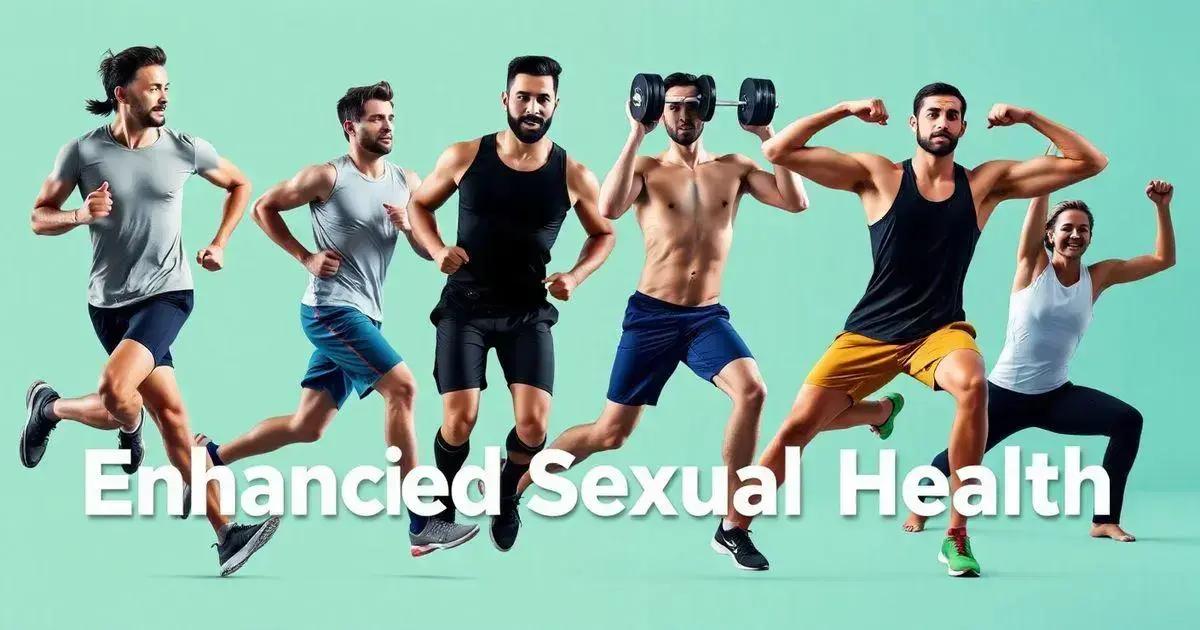 A group of six individuals engaged in various fitness activities against a light green background. From left to right, the activities include running, jogging, running, lifting dumbbells, flexing muscles, and stretching. The text 'Enhanced Sexual Health' is prominently displayed at the bottom of the image.