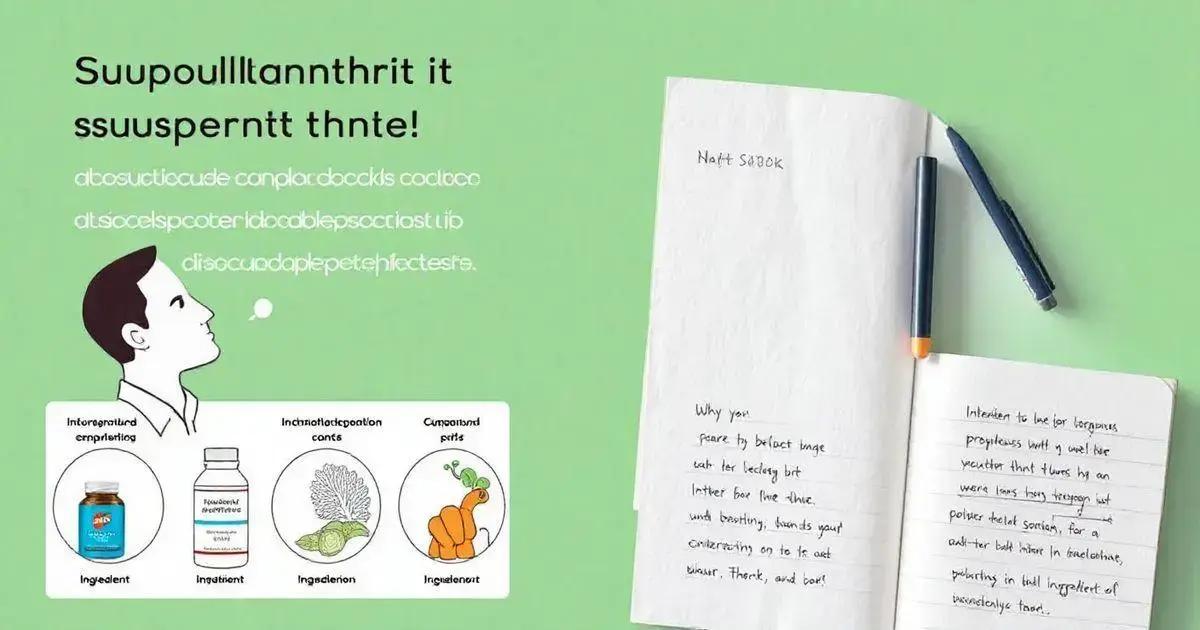 An educational and creative image with a light green background, featuring a combination of illustrations, text, and a notebook. The top section includes a stylized headline in bold text, followed by smaller illegible placeholder text in white. On the left, there is a side profile illustration of a person, partially obscured, with four circular icons below representing different supplements and ingredients, including bottles and plant-based visuals. On the right, an open notebook with handwritten notes and a pen resting on it creates an academic and thoughtful vibe. The overall design is clean and visually appealing, emphasizing natural and intellectual themes.