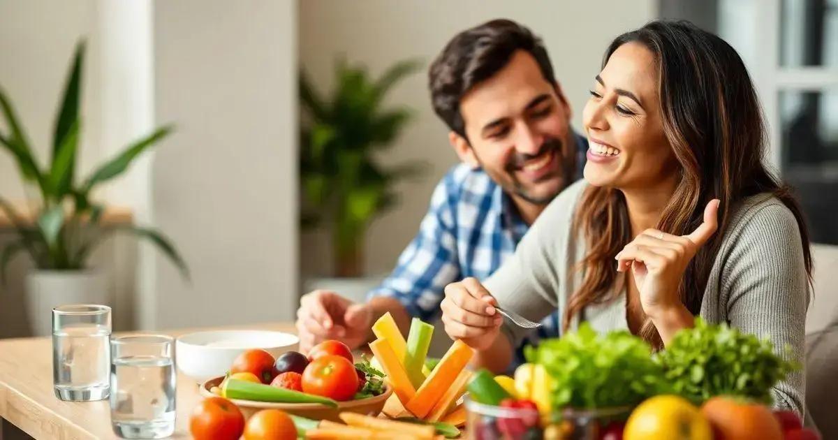 Two people are sitting at a table filled with a variety of fresh fruits and vegetables. The table has glasses of water, a bowl, and plates with colorful produce such as tomatoes, carrots, celery, and leafy greens. The background features indoor plants and a bright, well-lit room.