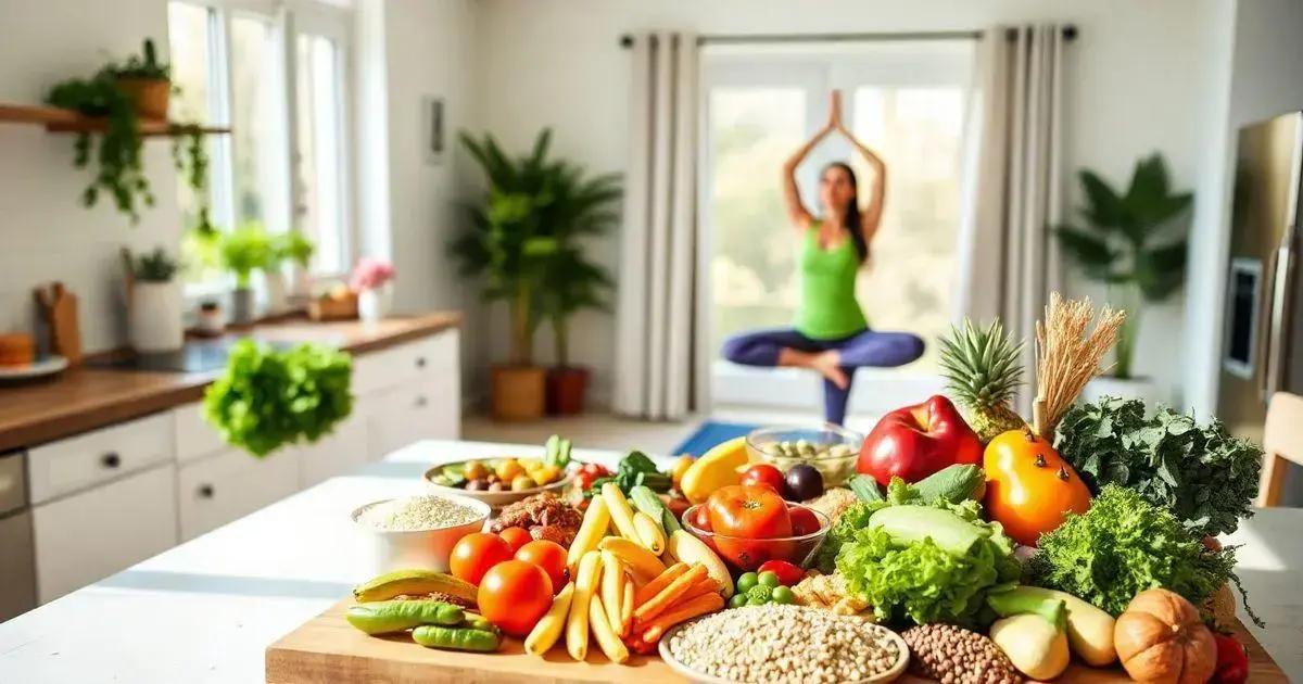 A variety of fresh vegetables, fruits, grains, and legumes are displayed on a kitchen counter in the foreground. In the background, a person is practicing yoga in a tree pose, standing on one leg with hands raised above the head, in a bright and airy kitchen with large windows and green plants. The scene emphasizes a healthy lifestyle combining nutritious food and physical exercise.