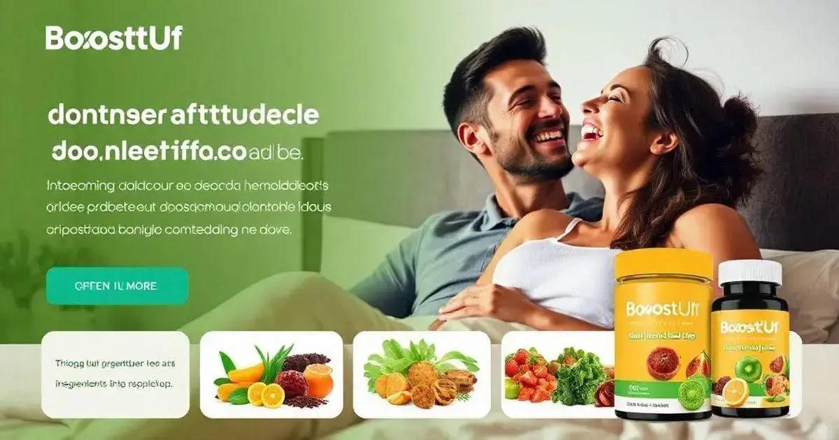 A promotional banner with a green background showcasing a couple relaxing on a bed. Their faces are intentionally blurred for anonymity. On the left, there is text with a large white headline in stylized typography, placeholder gibberish text below, and a green button with the words "OPEN IN MORE." On the right, two supplement containers labeled "BoosttUf" are displayed, one larger and yellow, and the other smaller and black. At the bottom, there are images of fresh ingredients: honeycomb with citrus fruits, leafy greens with ginger, and a mix of berries and vegetables. The banner suggests health and wellness themes. 