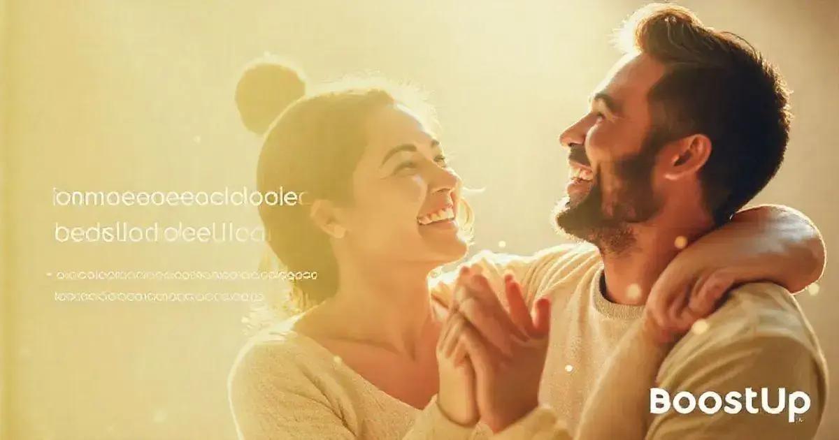 A warm and glowing image of a happy couple smiling and gazing at each other in a soft golden light. The woman, with her hair tied up, wears a light sweater and clasps her hands together, while the man, sporting a beard, has his arm affectionately around her shoulders. The scene exudes joy and tenderness, enhanced by the dreamy atmosphere and subtle lens flares. On the right side of the image, the text 'BoostUp' appears, suggesting an uplifting or motivational theme. Blurred text overlays on the left add an artistic and dynamic touch to the composition.