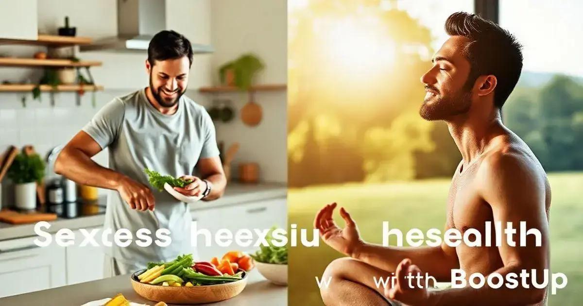 The image is split into two sections. On the left, a person is in a modern kitchen preparing a salad with fresh vegetables on the counter. On the right, a person is meditating outdoors in a peaceful setting with sunlight streaming in the background. The text on the image reads 'Sexess heexsiu hesealth w wrtth BoostUp.'