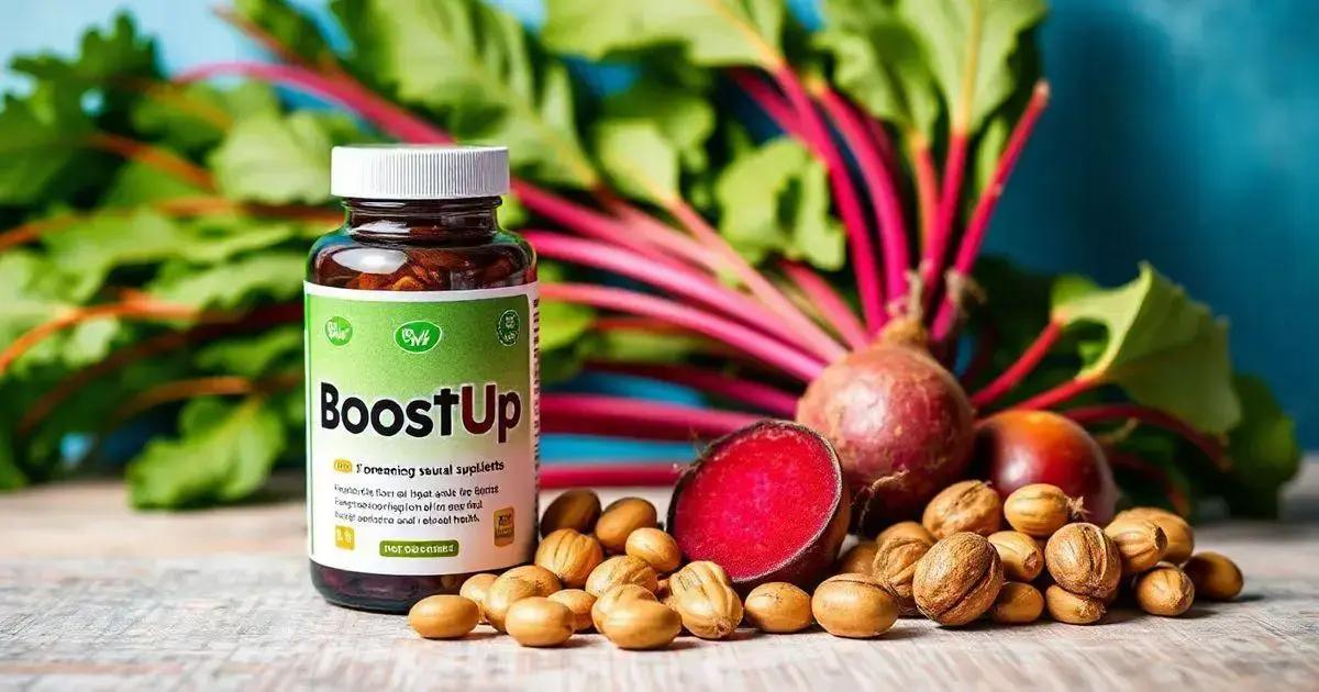 A promotional image featuring a bottle of BoostUp dietary supplements placed on a wooden surface. The bottle has a green label with bold text and is surrounded by natural ingredients, including fresh beetroots, a halved beetroot showcasing its vibrant red interior, and a pile of small brown seeds or nuts. In the background, beet greens and a soft blue gradient add a fresh, organic ambiance.