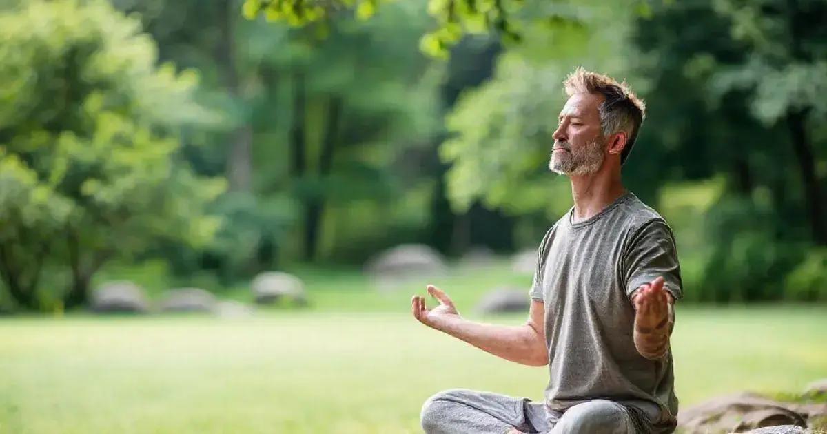 A person is sitting cross-legged on the grass in a park, wearing a gray t-shirt and pants. The person is meditating with both hands resting on the knees, palms facing upward, and fingers forming a mudra. The background is lush and green, with trees and blurred rocks visible, suggesting a peaceful and natural environment.