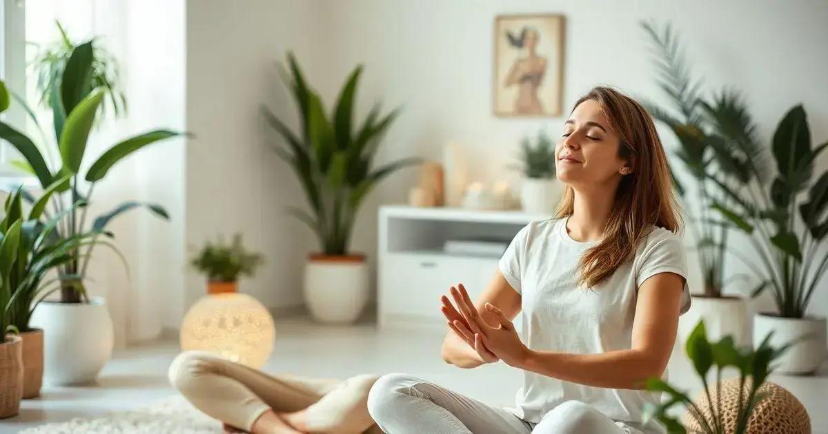 A person sitting cross-legged on the floor in a bright room filled with potted plants, wearing a white t-shirt and light-colored pants, engaged in a meditative or yoga practice with hands in a specific gesture. The room has natural light coming through sheer white curtains, a white cabinet with candles, and a framed picture on the wall, creating a calm and serene atmosphere.