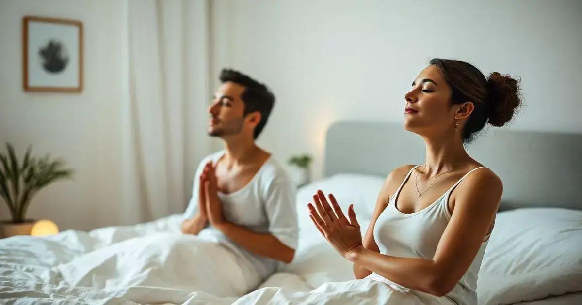 Two people sitting on a bed with white sheets, both with their hands in a prayer position. One person is wearing a white shirt, and the other is wearing a white tank top. The background includes a framed picture on the wall, a potted plant, and a bedside table with a lamp. The room is softly lit, creating a calm and serene atmosphere.