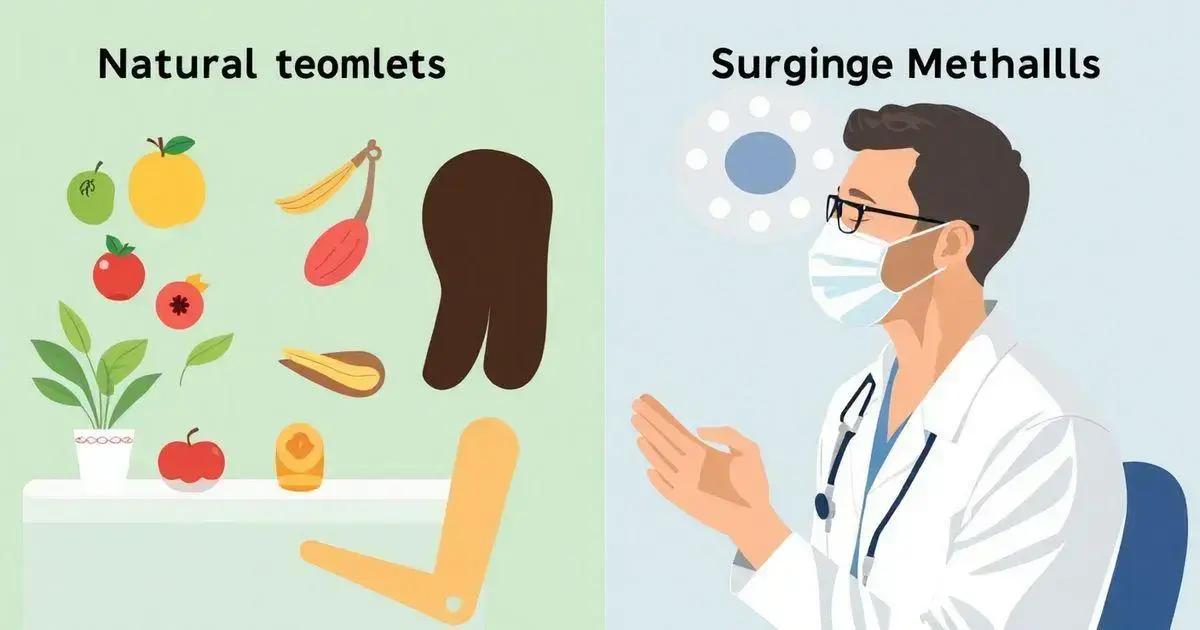 The image is divided into two sections. The left section is titled 'Natural teomlets' and features various natural items including a green apple, a yellow fruit, a banana, a red fruit, a plant in a pot, a red apple, a yellow object, and a brown object. The right section is titled 'Surginge Methalls' and depicts a person in a white coat with a stethoscope, likely a doctor, with a surgical light in the background.