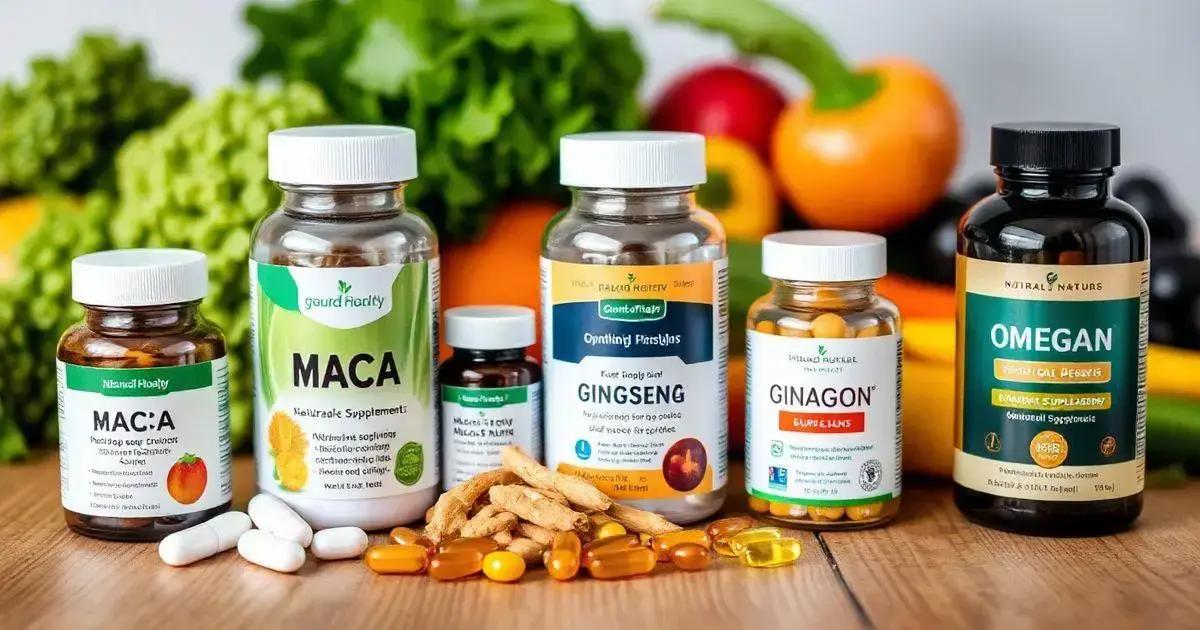 This image showcases a variety of dietary supplements displayed on a table with a backdrop of fresh vegetables. The supplements include MACA, GINSENG, GINAGON, and OMEGAN, each in different types of packaging such as bottles and jars. The supplements are accompanied by various forms of the products, including capsules, tablets, and softgels, which are scattered in front of the containers. The fresh vegetables in the background, including bell peppers and leafy greens, emphasize the natural and health-focused theme of the products. This image is relevant for promoting health and wellness products, highlighting their natural ingredients and benefits.