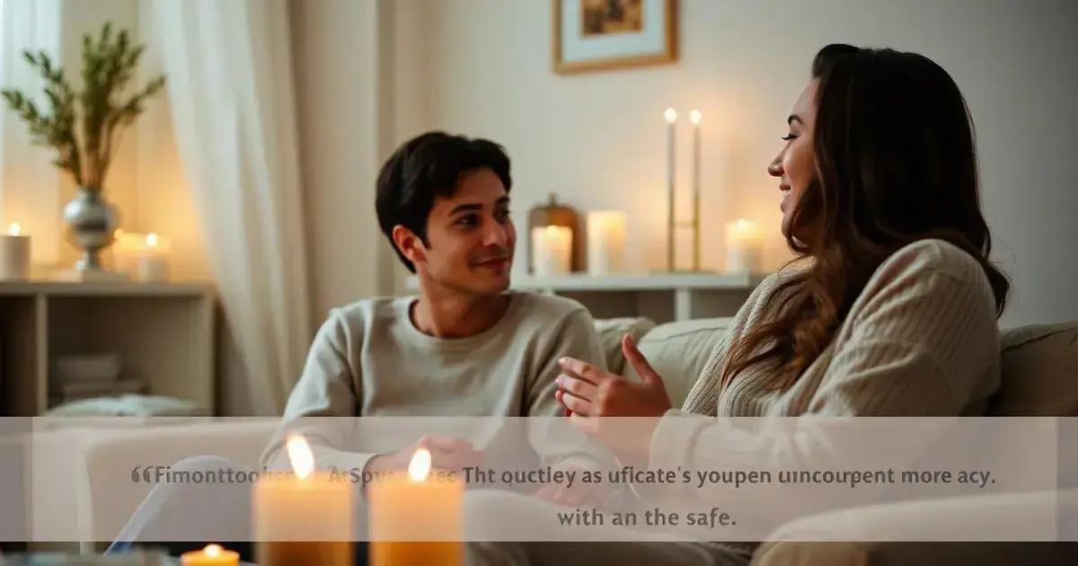 Two individuals sitting in a cozy, warmly lit living room engaged in a conversation. The room features candles and soft lighting, creating an intimate and calming atmosphere. A blurred overlay of text appears at the bottom of the image, though it is partially illegible. The setting conveys a sense of comfort and connection.