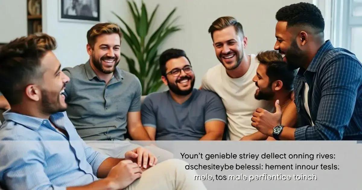 An image showing a group of seven men sitting together in a casual indoor setting, laughing and enjoying a friendly conversation. The men are dressed in relaxed attire, including shirts and t-shirts, radiating a sense of camaraderie and positive energy. The background features a cozy environment with green plants and artwork on the wall, enhancing the warm and inviting atmosphere. A text overlay at the bottom includes stylized, unreadable content, adding a modern and creative touch to the image.