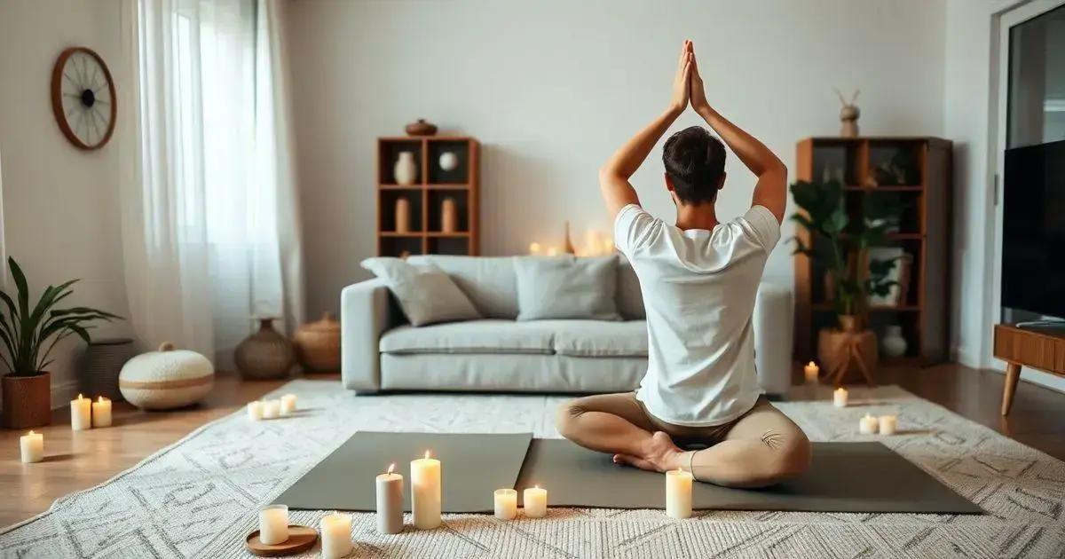 A person is sitting cross-legged on a yoga mat in a living room, facing away from the camera. The person has their hands raised above their head in a prayer position. The room is softly lit with numerous candles placed around the yoga mat and on the floor, creating a serene and calming atmosphere. The living room is decorated with a light-colored sofa, a patterned rug, and various plants and decorative items on shelves. A large window with sheer curtains allows natural light to filter in, adding to the tranquil ambiance.