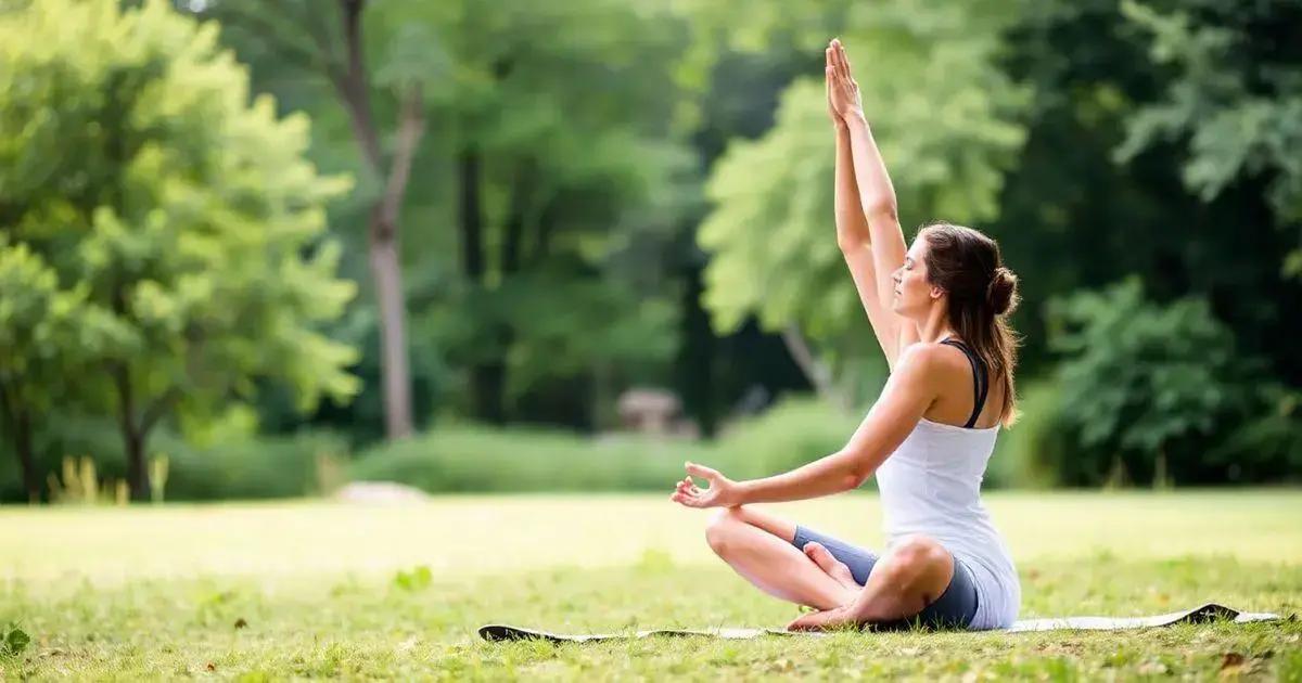 A person is sitting on a yoga mat in a park, performing a yoga pose. The person is seated cross-legged with one arm raised straight up and the other hand resting on the knee, forming a mudra. The background features lush green trees and grass, indicating a serene outdoor environment. The person is wearing a white tank top and blue shorts, and the scene suggests a peaceful and meditative atmosphere.