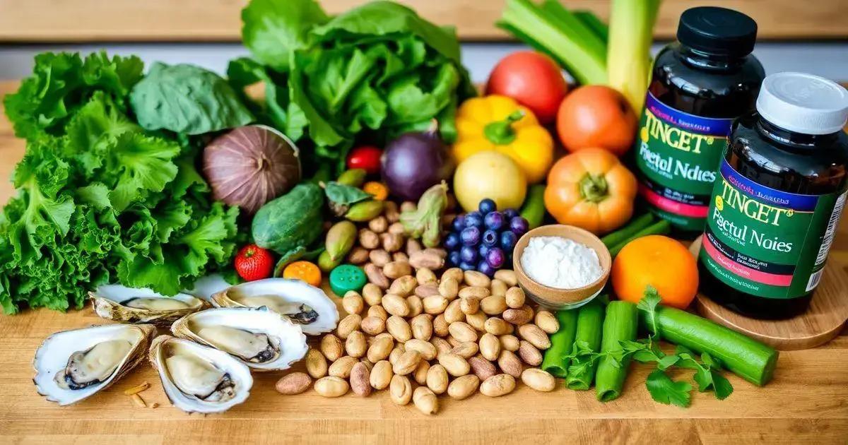 A variety of fresh vegetables, fruits, and other food items are displayed on a wooden surface. The items include leafy greens such as lettuce, a purple onion, a cucumber, strawberries, carrots, figs, blueberries, tomatoes, bell peppers, celery, parsley, and a bowl of white powder. There are also several oysters on the half shell, a pile of small potatoes, and two bottles labeled 'TINCT' with the text 'Pestul Noies' on them. The scene is vibrant and colorful, showcasing a diverse selection of healthy foods.