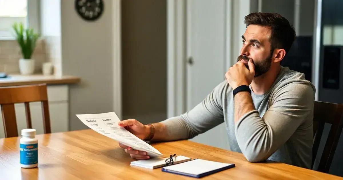 A person is sitting at a wooden table in a kitchen or dining area, holding a piece of paper in one hand and resting the other hand on the chin. On the table, there is a bottle of medication labeled 'Nicotinex' and a notepad with a pen. In the background, there is a countertop with a potted plant and some kitchen items. The room appears to be well-lit with natural light coming from a window. The person is wearing a gray long-sleeve shirt and a black wristband. The scene suggests that the person might be reviewing medical or health-related information.