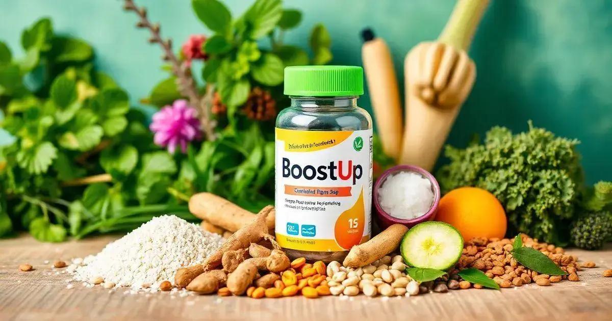 A bottle of BoostUp dietary supplement with a green cap, surrounded by natural ingredients including white powder, turmeric roots, soybeans, a sliced cucumber, an orange, a small bowl of coconut oil, seeds, and leaves. Green leafy plants and flowers are in the background.