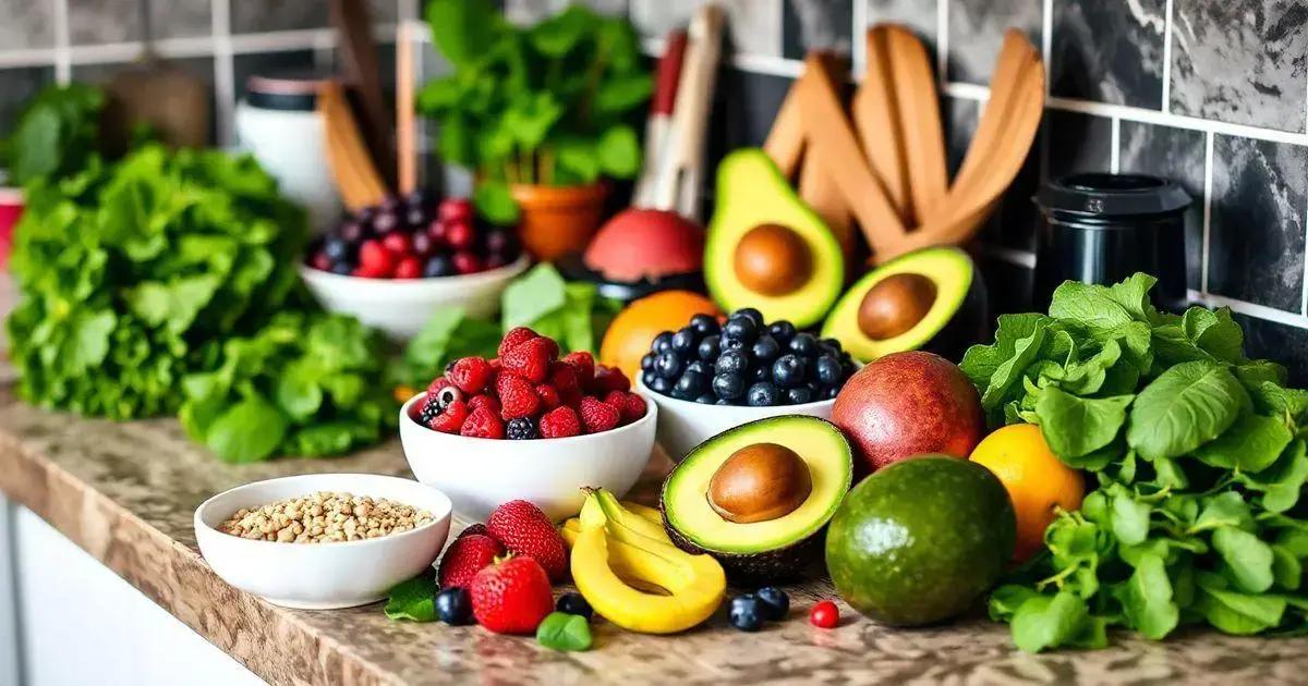 BoostUp Natural Ingredients. A kitchen countertop filled with a variety of fresh fruits, vegetables, and grains. There are bowls of mixed berries (strawberries, raspberries, blueberries), a bowl of grains, whole and halved avocados, bananas, leafy greens (lettuce and spinach), oranges, and passion fruits. The background features kitchen utensils and a tiled backsplash.