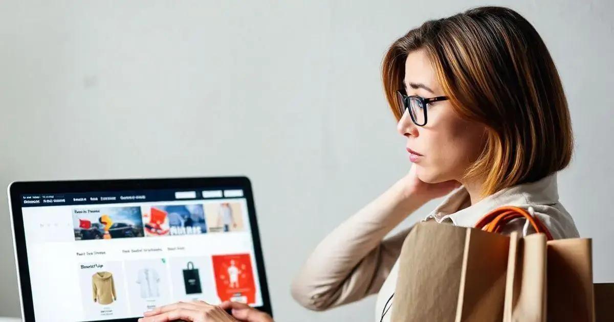 A person with shoulder-length hair is sitting at a desk, holding shopping bags in one hand and using the other hand to browse an online shopping website on a laptop. The laptop screen displays various product images and categories, indicating that the person is engaged in online shopping. The background is plain, focusing attention on the person and the laptop screen.