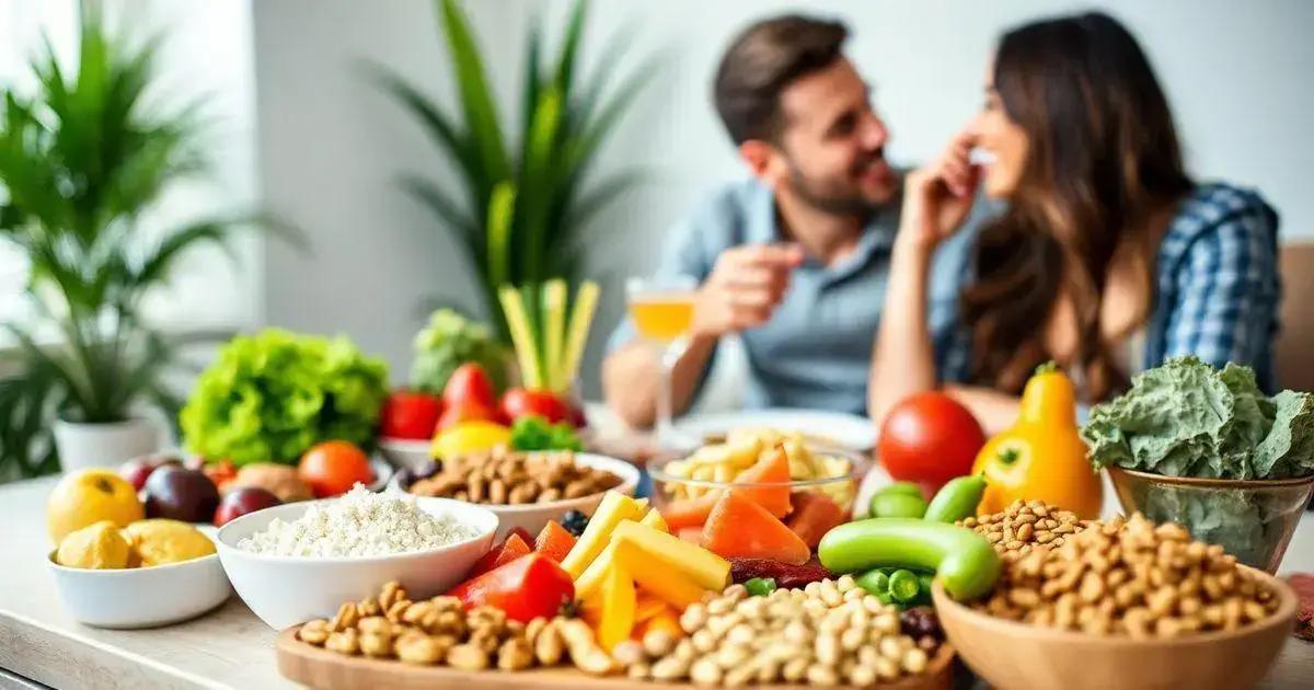 A table filled with a variety of fresh and colorful foods, including bowls of nuts, seeds, and grains, plates of sliced fruits and vegetables, and leafy greens. In the background, two people are sitting and talking, with blurred faces to maintain privacy. There are also potted plants adding a touch of greenery to the scene. The image showcases a healthy and vibrant spread of food, emphasizing a nutritious and balanced diet.