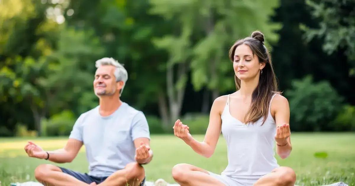 Two people are sitting cross-legged on the grass in a park, practicing meditation. The person on the left is wearing a light gray t-shirt and dark shorts, while the person on the right is wearing a white tank top and white shorts. Both individuals have their eyes closed and their hands resting on their knees with their fingers forming a mudra. The background is filled with lush green trees and foliage, creating a serene and peaceful environment.