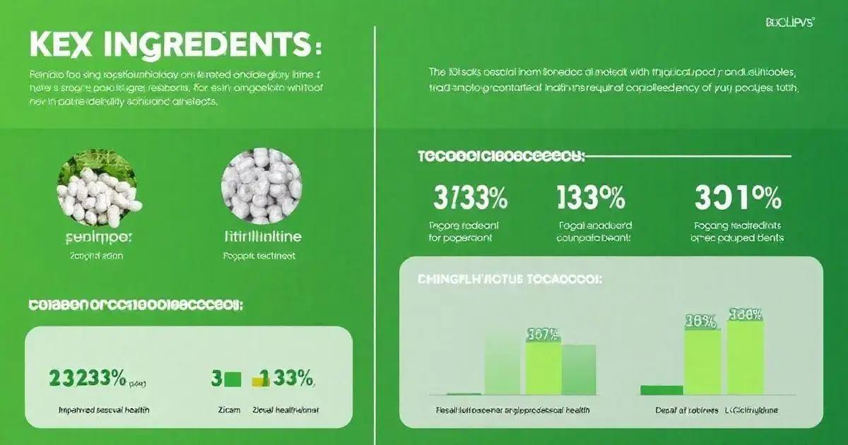 "Infographic titled 'Kex Ingredients' with a green background. At the top, a paragraph describes the benefits of specific ingredients for health and wellness, though the text is partially obscured and stylized. Below, two main ingredients are highlighted: on the left, 'Pumpinoe' with an image of green leafy plants labeled 'Zongni zzon,' and on the right, 'Litrillintline' with an image of white capsules labeled 'Proppit tractnot.' The center features a heading labeled 'Toaadoorcgoooloosecee:' with statistics: '3733% Proper federal for popstrant,' '133% Fegal arooad countofixant,' and '301% Forging freireducts by rec prouped bents.' At the bottom, another section labeled 'Toaaenorcgnoooiieeceee:' contains numerical data: '23233% (plus)' labeled 'Improved sexual health,' '3' next to 'Zicam,' and '133%' for 'Overall healthvariant.' On the bottom right, a bar chart compares two factors with green bars, labeled 'Chingflhactuc Tooaocos:' showing values of 367%, 388%, and 388% for categories 'Fkesoll hotceneer singleprocessol health,' 'Desal of toobrers,' and 'L-citrullinutline,' respectively.