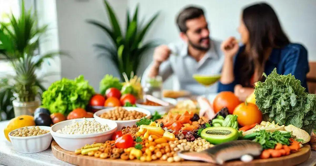 A table filled with a variety of fresh foods including lettuce, tomatoes, carrots, kiwi, oranges, leafy greens, beans, grains, and a piece of fish. Two people are in the background, partially blurred, eating. The background also features green plants, contributing to a fresh and natural ambiance.