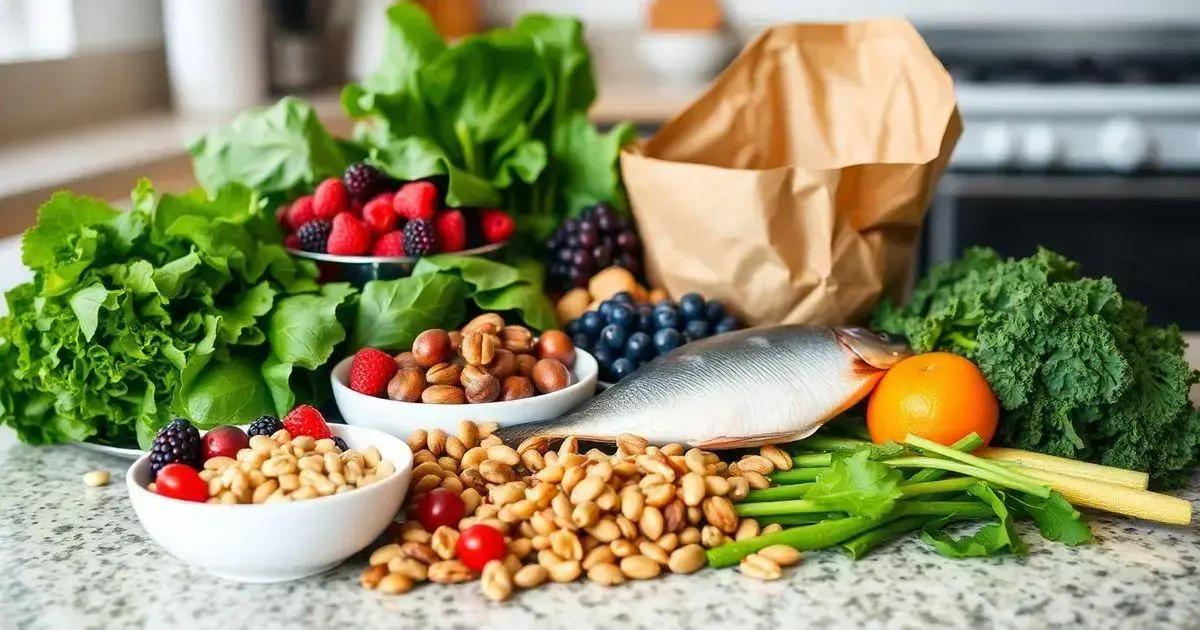 A kitchen countertop displaying an assortment of fresh foods including leafy greens like lettuce and kale, a whole fish, an orange, celery stalks, a brown paper bag, and bowls filled with nuts, berries (strawberries, raspberries, blackberries, blueberries), and cherry tomatoes. The scene is set in a kitchen with a stove visible in the background. 