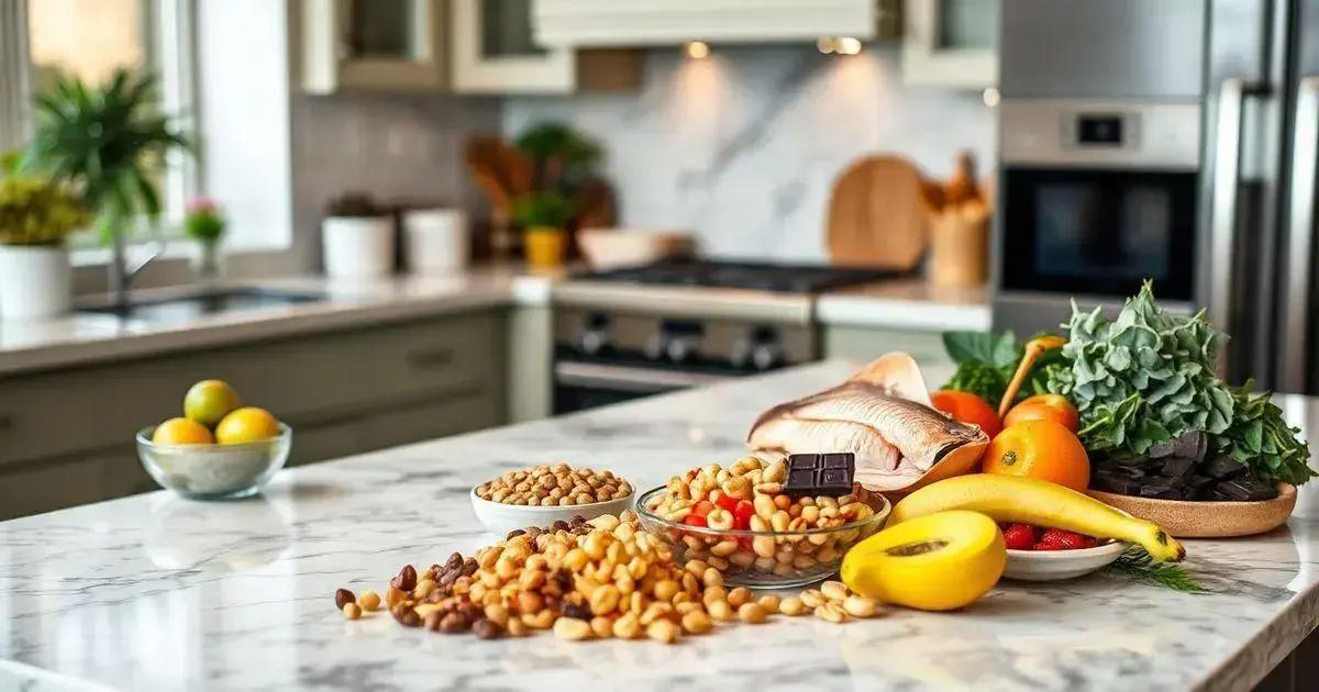 Modern kitchen with a marble countertop displaying a variety of food items including a bowl of mixed nuts, a piece of dark chocolate, a whole fish, a banana, an orange, a lemon, a bowl of strawberries, and a plate of leafy greens. Kitchen appliances such as an oven and a stove are visible in the background, along with potted plants and kitchen utensils.
