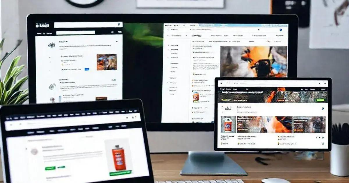 An office workspace featuring three computer screens displaying various web pages. The central monitor is a large desktop screen showing a website with multiple tabs open, including a page with text and an image of a person climbing. To the right, a smaller monitor displays a similar webpage with a focus on a product image and text. In the foreground, a laptop screen shows a close-up of a product page featuring a bottle with a red label. The workspace includes a plant on the left and a container with pens on the right, creating a productive and organized environment.