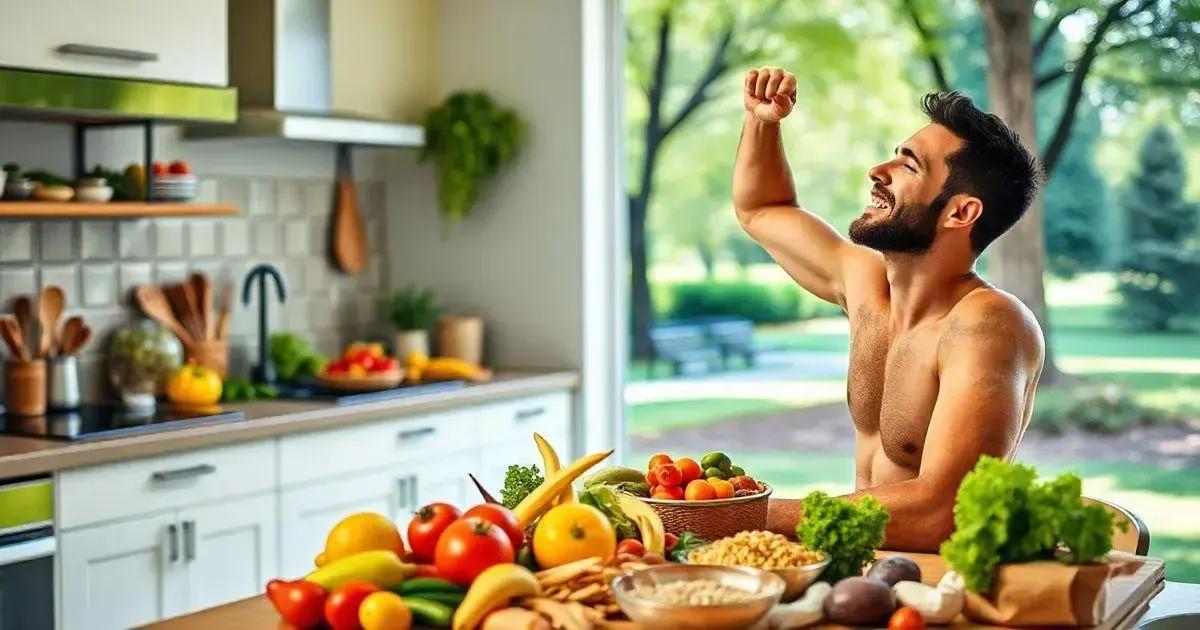 In a modern kitchen, a shirtless man is sitting and flexing his arm. The kitchen counter is filled with a colorful variety of fresh fruits and vegetables, including bananas, apples, oranges, tomatoes, and leafy greens. The background features a lush, green outdoor scene visible through a large window, suggesting a strong connection between healthy eating and an active lifestyle. This image emphasizes the importance of nutrition and fitness, making it a great choice for content related to health, wellness, and diet.