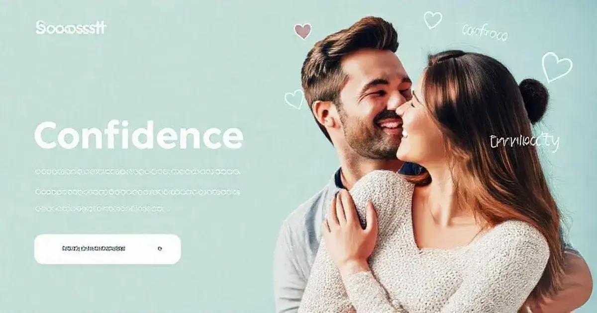 A couple is embracing each other against a light blue background with white and pink heart illustrations. The word 'Confidence' is prominently displayed in large white text on the left side of the image. Below the word 'Confidence,' there is a line of illegible text. At the bottom left, there is a white rectangular button with illegible text inside it. The background also contains the words 'comfort' and 'tranquility' written in a handwritten style near the couple.