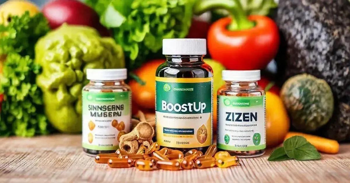 "Three bottles of dietary supplements labeled 'BoostUp,' 'SINNSENG,' and 'ZIZEN,' placed on a wooden surface with an assortment of fresh vegetables, including bell peppers, tomatoes, and leafy greens in the background. Capsules are scattered around the bottles, emphasizing the supplement form of the products. The vibrant colors and fresh produce highlight the natural and health-oriented theme of the image.