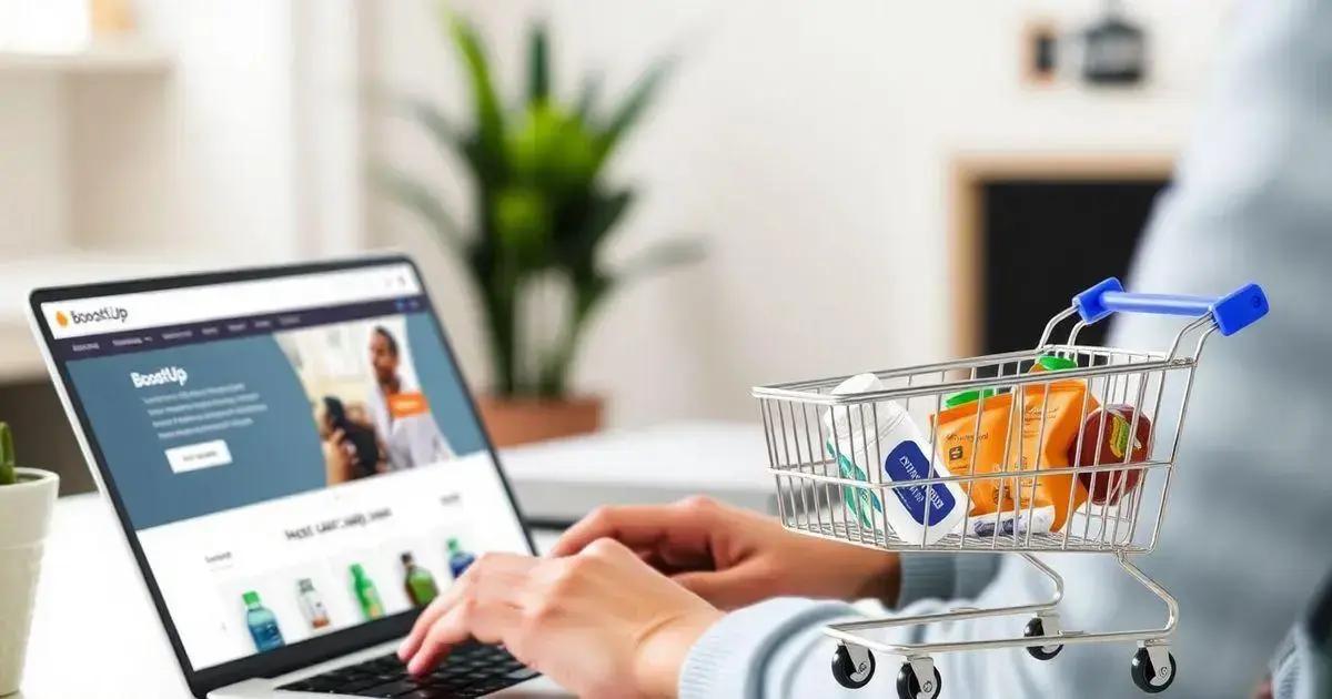 A person browsing an online shopping website named 'beautyUp' on a laptop. In the foreground, there is a small shopping cart filled with various items such as bottles and packages, symbolizing online shopping. The background includes a blurred plant and other indoor elements, indicating a home or office environment.