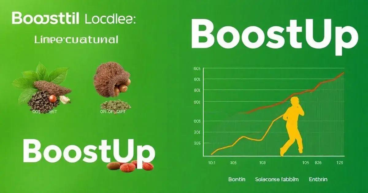 The image features a green background with various elements related to a product called 'BoostUp.' At the top left, there is text that reads 'Boosttil Locdlee: Limpe'cuatunal.' Below this text, there are two images of natural ingredients labeled 'OOI TEST' and 'OAL OF LIFT.' In the center, the text 'BoostUp' is prominently displayed. To the right, there is a graph with a yellow silhouette of a person running. The graph has a red line and an orange line, with the y-axis labeled in increments of 100 (from 100 to 600) and the x-axis labeled with numbers and text: '10.1,' '105,' '103,' '105,' '826,' '120.' The x-axis also includes the labels 'Bontin,' 'Solaconse fabblim,' and 'Entbrin.' At the bottom of the image, there are three small images of seeds or nuts.